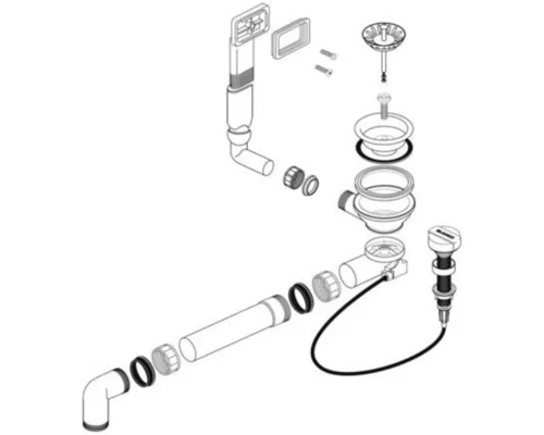 Explosionszeichnung eines Spülbeckenablauf-Garnitur-Sets mit diversen Rohren, Dichtungen und einem Siebkorbventil