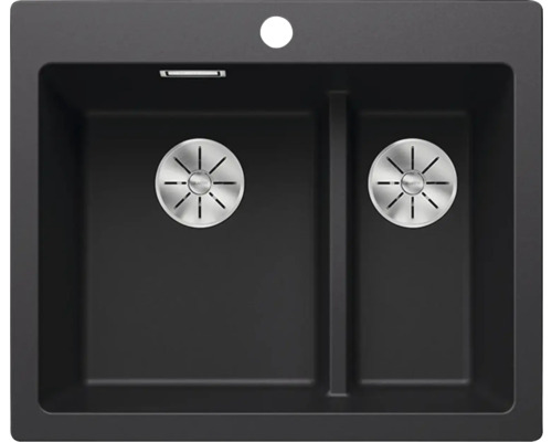 Schwarzes Spülbecken mit zwei Becken und Abflusssieben