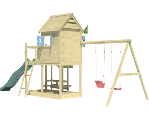 Doppelschaukel Spielhaus mit Stelzen Jungle Gym 678 x 265 cm Holz dunkelgrün Spielturm aus Holz mit Rutsche und Schaukel