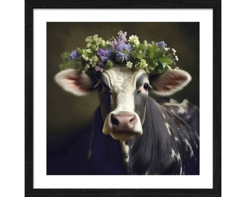 Gerahmtes Bild einer Kuh mit Blumenkranz