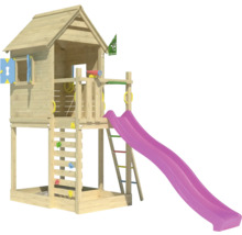 Spielturm aus Holz mit Rutsche, Kletterwand und Spielhaus
