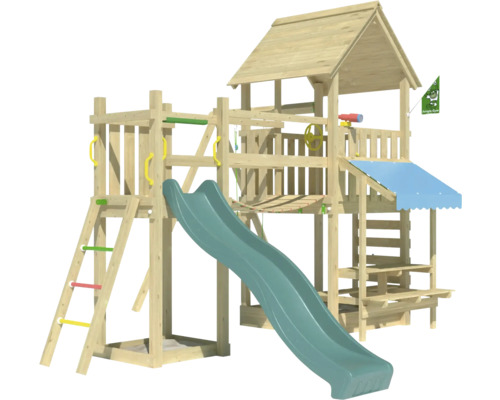 Einzelschaukel Spielhaus mit Stelzen Jungle Gym 434 x 479 cm Holz dunkelgrün Holzspielturm mit Rutsche, Leiter und Spielhaus