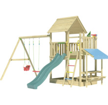 Spielplatz mit Schaukel, Rutsche und Kletterturm aus Holz