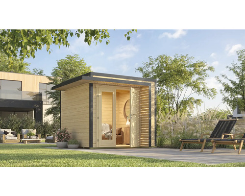 Gartenhaus weka Amberley 28 mm inkl. Fußboden 300 x 303 cm natur Gartenhaus aus Holz mit geöffneten Türen in einem Garten