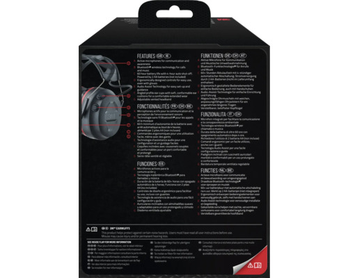 Verpackung der 3M Kapselgehörschützer mit Informationen zu Funktionen und Eigenschaften