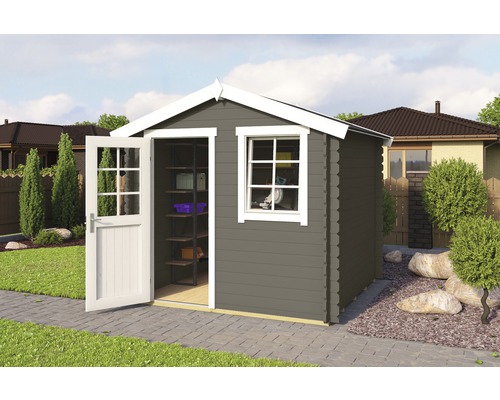 Gartenhaus aus Holz mit geöffneter Tür und Fenster