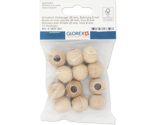 Packung mit zwölf Holzkugeln, 20 Millimeter Durchmesser, 8 Millimeter Bohrung