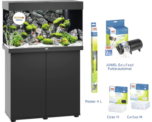 Aquarium-Set mit Zubehör: Aquarium, Unterschrank, Futterautomat Juwel EasyFeed, Juwel Poster 4, Juwel Cirax M und Juwel Carbax M