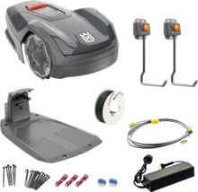 Husqvarna Mähroboter mit Ladestation, Begrenzungskabel, Haken, Verbinder, Messwerkzeug, Wandhalterung und Netzteil