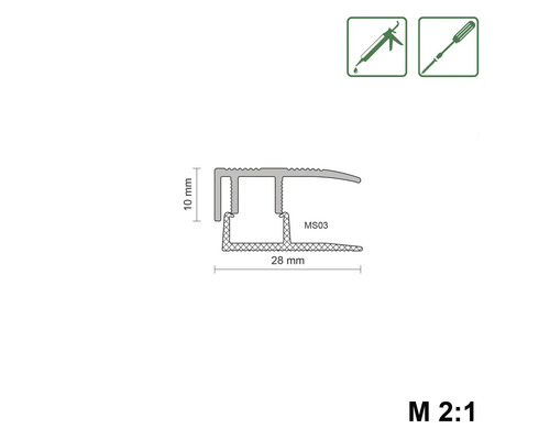 Profilzeichnung eines 28 mm breiten und 10 mm hohen Übergangsprofils