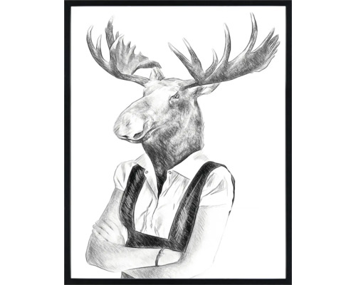 Gerahmtes Bild eines Elchs mit Hemd und Hosenträgern