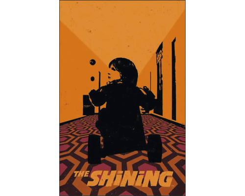 Illustrative Darstellung des Films The Shining mit Junge auf Dreirad in Korridor