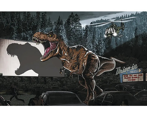Szene mit einem Tyrannosaurus Rex, einem Autokino, einem Hubschrauber und fliehenden Menschen