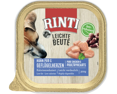 Hundefutter nass RINTI Leichte Beute Huhn & Geflügelherz 300 g Rinti Leichte Beute Hühnchen pur und Geflügelherzen, fettreduziertes Hundefutter in einer 300 Gramm Schale