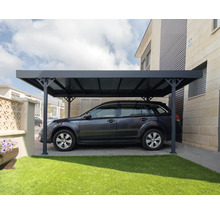 Auto unter einem Carport vor einem Haus.
