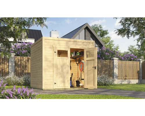 Gartenhaus weka Batu 2 250 x 257,5 cm natur Gartenhaus aus Holz mit geöffneten Doppeltüren und Gartengeräten