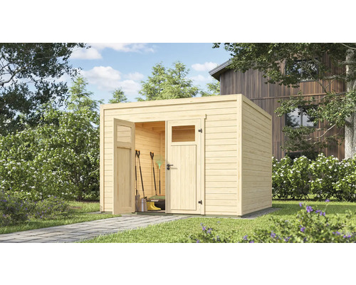 Holzgartenhaus mit geöffneten Türen in einem Garten