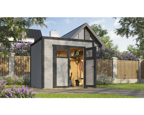 Gartenhaus weka Batu 2 250 x 257,5 cm lichtgrau Gartenhaus mit geöffneten Doppeltüren und Gartengeräten im Inneren.