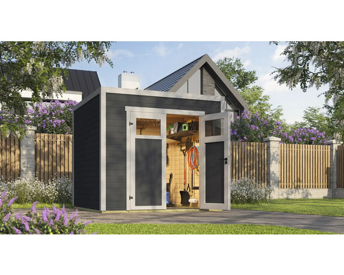Gartenhaus weka Batu 2 250 x 257,5 cm anthrazit Gartenhaus mit geöffneten Doppeltüren und Gartengeräten