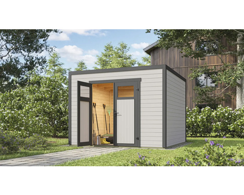 Gartenhaus weka Batu 3 300 x 307,4 cm lichtgrau Moderner Geräteschuppen aus Holz mit geöffneter Tür im Garten.