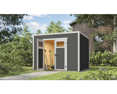 Modernes Gartenhaus mit geöffneter Tür im Garten