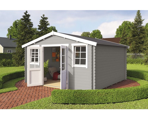 Gartenhaus aus Holz mit Doppeltür und Fenstern im Garten