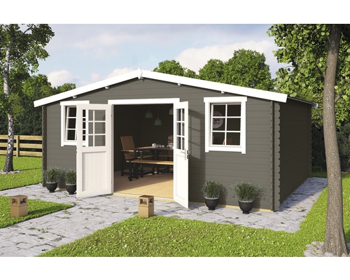 Gartenhaus mit Doppeltür und Fenstern im Garten