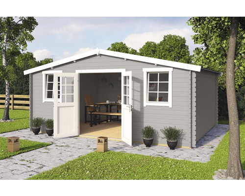 Gartenhaus mit geöffneten Doppeltüren, Fenstern und Tischgarnitur im Innenraum.