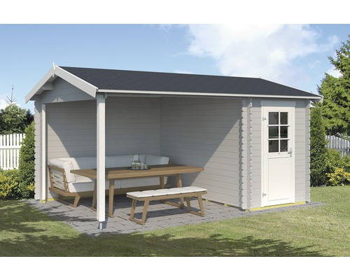 Holzgartenhaus mit Sitzecke und Tür