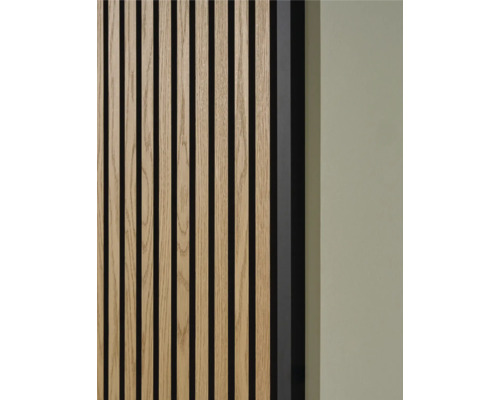 Nahaufnahme einer Holzpaneelwand mit Lattenstruktur und Schallschutz
