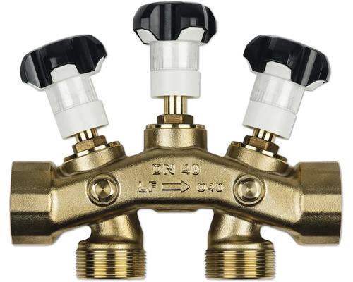 Messingverteiler mit drei Ventilen zur Steuerung des Flüssigkeitsflusses