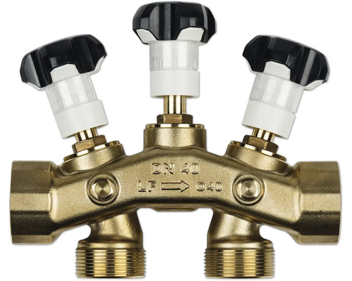 Messingverteiler mit drei Ventilen und schwarzen Griffen
