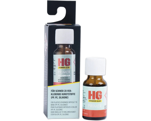 HG Primer für schwer zu verklebende Kunststoffe in Verpackung und Flasche