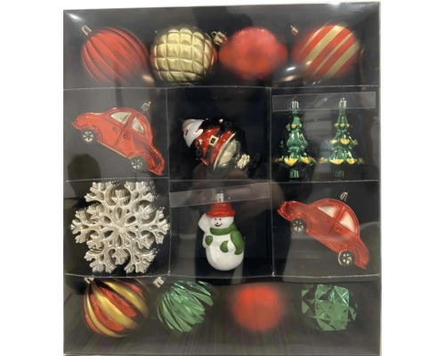 Weihnachtsbaumkugeln Lafiora Figuren Familie Kunststoff 25 Stück Set mit verschiedenen Weihnachtsbaumschmuckelementen in einer Verpackung, darunter Kugeln, ein Auto, ein Schneemann, ein Weihnachtsmann, eine Schneeflocke und ein Baum