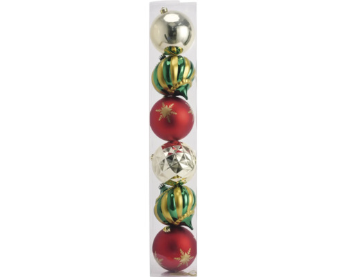 Weihnachtsbaumkugeln Lafiora Kunststoff rot/grün 6 Stück Verpackung mit sechs Christbaumkugeln in verschiedenen Designs