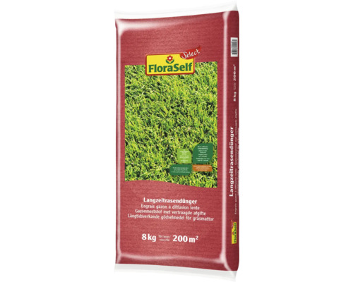 Langzeit-Rasendünger FloraSelf Select 8 kg / 200 m² mineralischer Dünger Verpackung Langzeitrasendünger für 200 Quadratmeter Rasenfläche