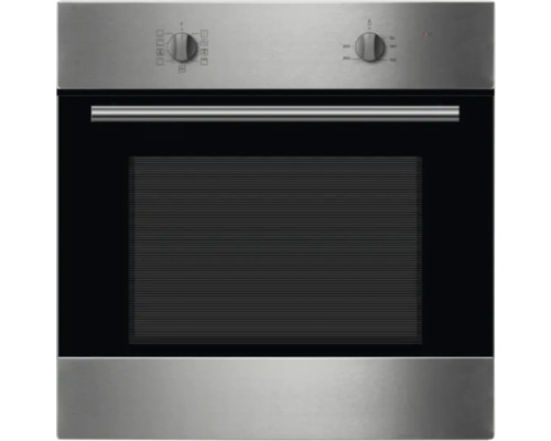 Einbauofen aus Edelstahl mit schwarzer Glastür und Drehknöpfen