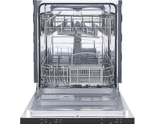 Innenansicht eines Geschirrspülers mit geöffneter Tür und mehreren Körben