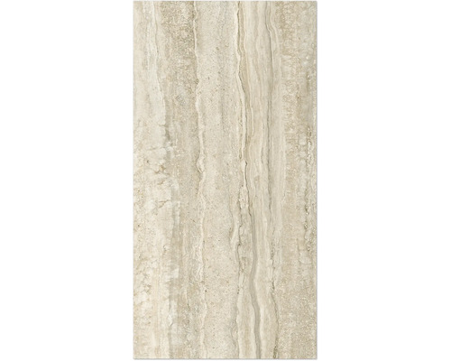 Feinsteinzeug Wand- und Bodenfliese Infinity travertin poliert 59,8 cm x 119,8 cm x 0,95 cm rektifiziert Travertinfliese mit natürlicher Maserung