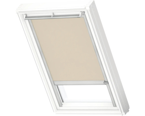 VELUX Dachfenster Rollo blickdicht beige mit grauem Alu-Rahmen elektro RML F06 4155K Beiges Rollo in weißem Dachfenster