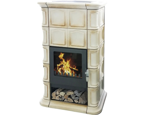 Kaminofen DOMOFIRE Wels Keramik braun 8 kW Mit Wärmespeicher Mit Holzfach Kaminofen mit Holzfach und Fliesenverkleidung