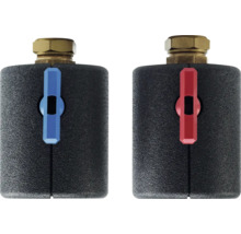 Zwei Heizkörperanschlussblöcke mit blauem und rotem Thermostatventil