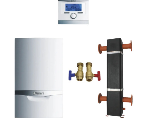 Vaillant Paket 1.155/2 2x Gas-Wandheizgerät ecoTEC plus VC 636/5-5 L/LL, witterungsgeführter Regelung multiMATIC VRC 700/6 und 2x Installations-Set 0010029709 Vaillant Heizungsanlage mit Thermostat, Absperrhähnen und Verteiler