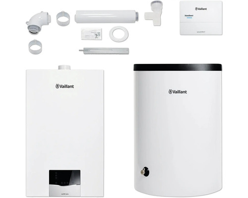 Vaillant Paket 1.641/2 Gas-Wandheizgerät ecoTEC plus VC 10 CS/1-5, Warmwasserspeicher uniSTOR plus VIH R 120/6 B, witterungsgeführter Regelung sensoDIRECT VRC 710 und Luft-/Abgasführung flexibel 8000013873 Vaillant ecoTEC plus Gas-Brennwerttherme mit Zubehör und Warmwasserspeicher