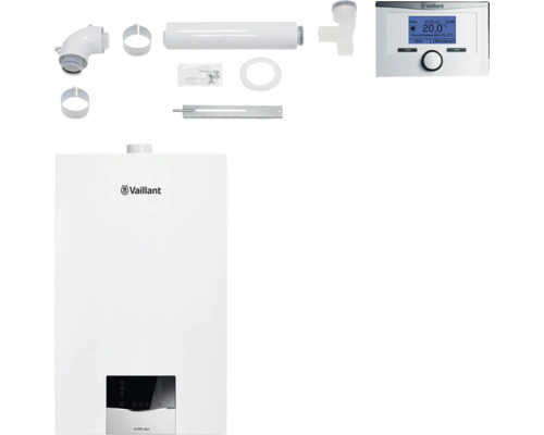 Vaillant Paket 1.193 4x Gas-Wandheizgerät ecoTEC plus VC 20 CS/1-5 und Raumtemperaturregler calorMATIC VRT 350 und flexible Abgasleitung 8000014509 für Mehrfachbelegung Vaillant ecotec plus Gasheizung mit Zubehör und Vaillant Logo