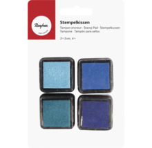 Vier blaue Stempelkissen, jeweils 3 x 3 cm