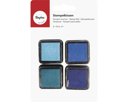 Vier blaue Stempelkissen, jeweils 3 x 3 cm