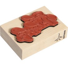 Holzstempel mit Schriftzug und Herstellerlogo