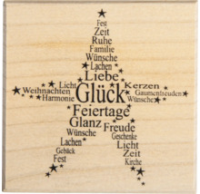 Holzstempel mit weihnachtlichen Wörtern in Form eines Weihnachtsbaums