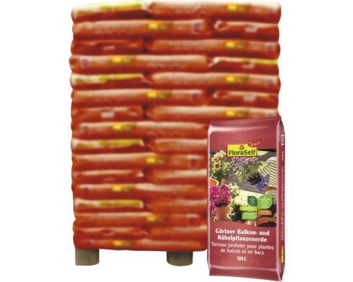 Balkon- und Kübelpflanzenerde FloraSelf Select (48 Sack x 50 Liter = 2,4 m³) 1 Palette Stapel Pflanzerde für Balkon- und Kübelpflanzen, 50 Liter